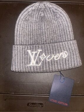 Louis Vuitton Charcoal Gray Ribbed Knit Beanie with LV Embroidery